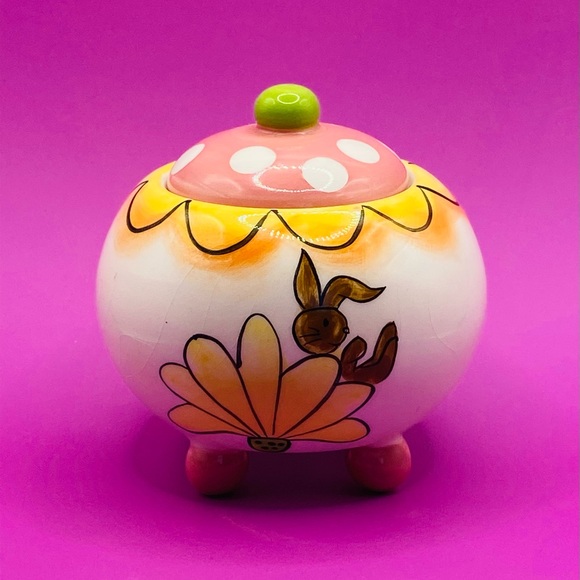 Whimsical Bunny With Spring flowers Porcelain Sugar Bowl Pottery - Picture 2 of 3